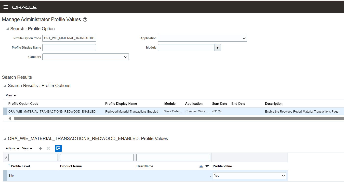 Profile Option for Accessing Material Transaction Using the Redwood User Experience