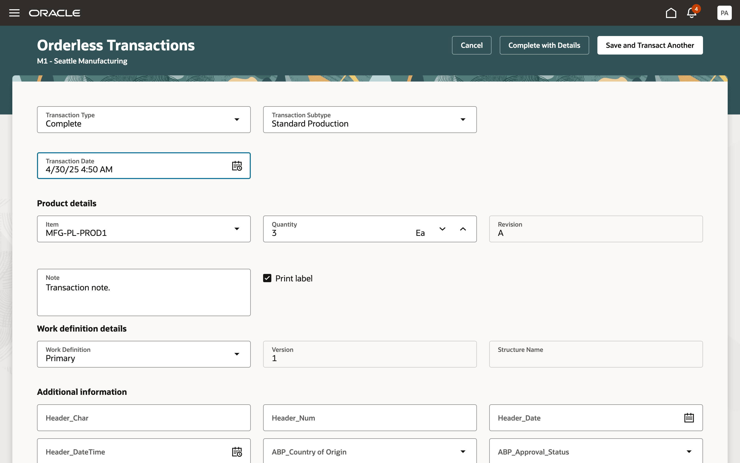 Report Orderless Transactions by providing Item and Work definition details