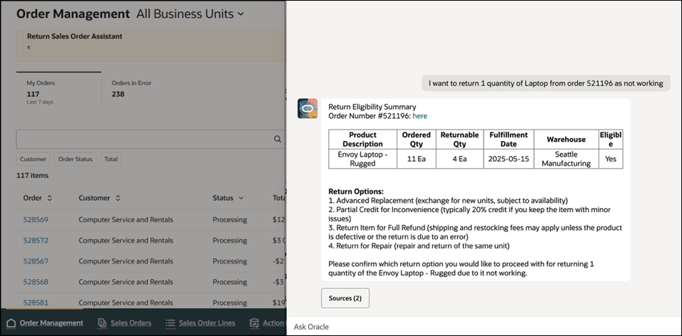 Examine return options and click Sources