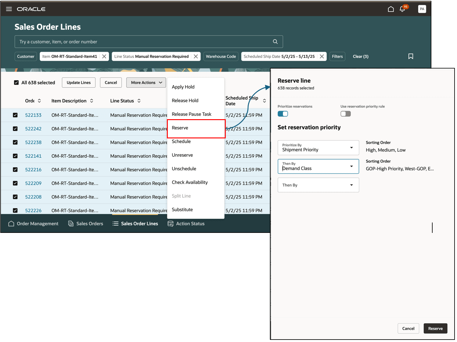 Sales Order Lines page, Reserve action
