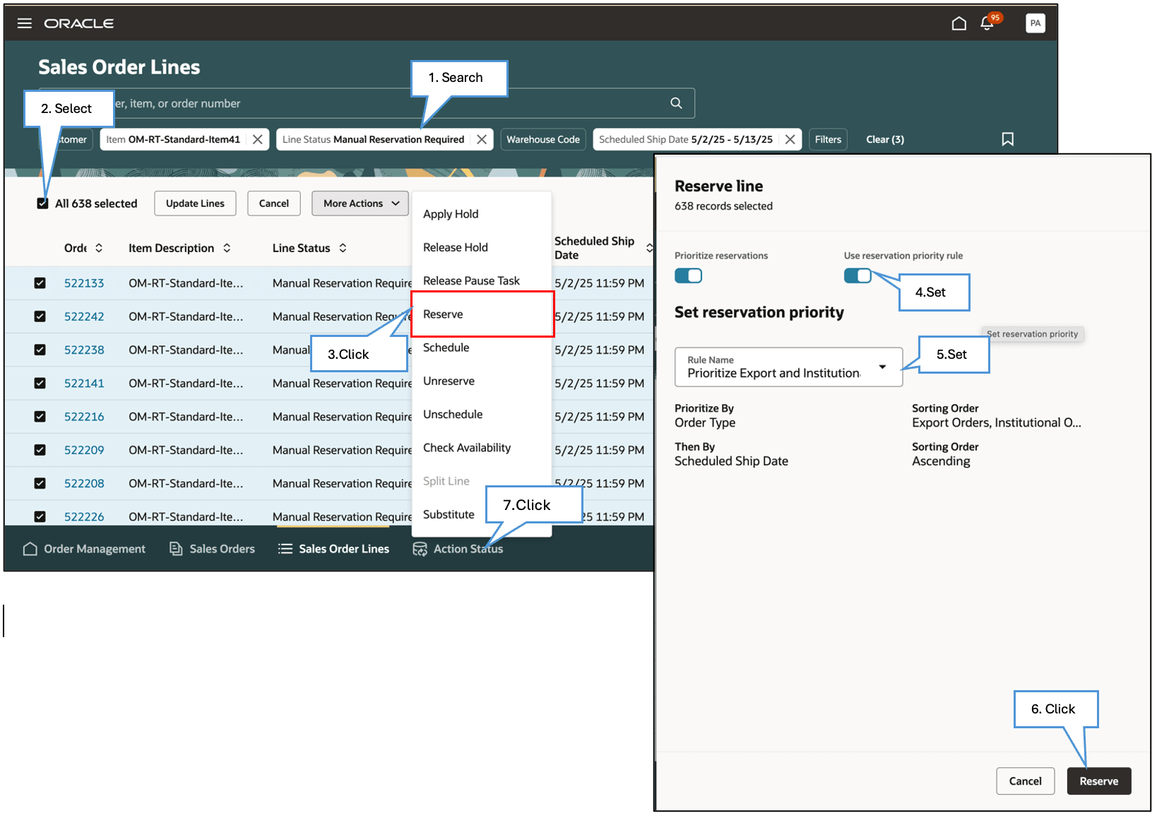 Sales Order Lines, Reserve action, Reserve line page