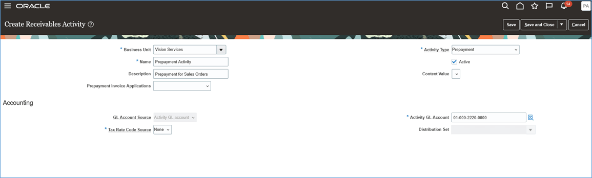 Create Receivables Activity page