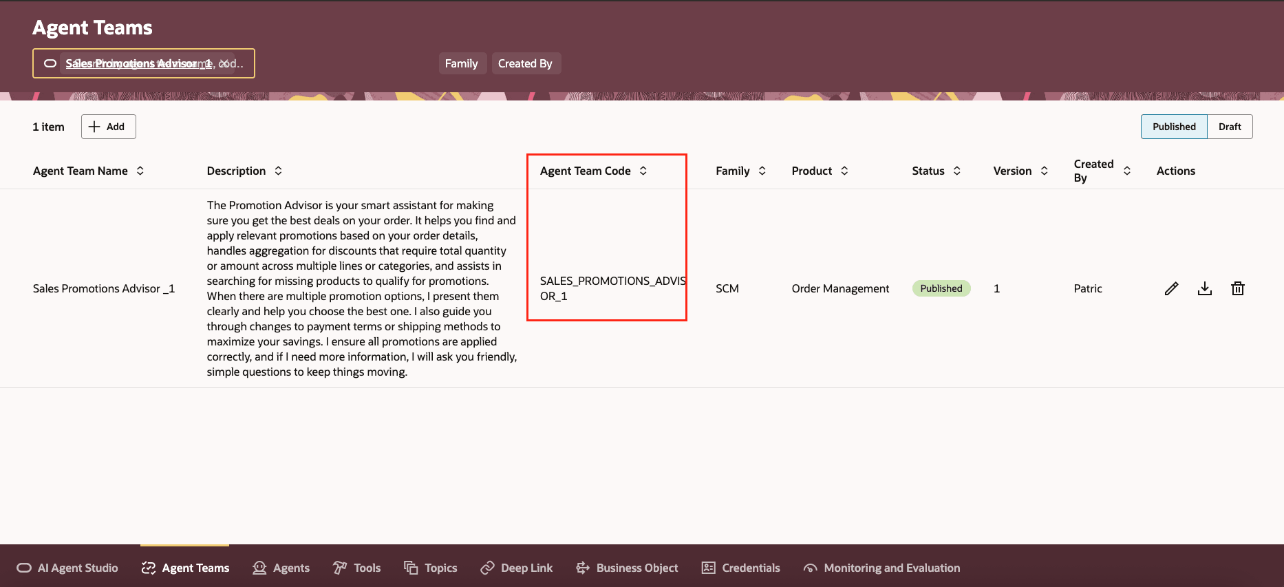 Confirm agent status is published  for AI Agent: Sales Promotions Advisor