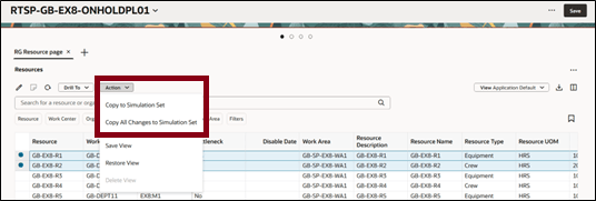 Copy to Simulation Set or Copy all changes to Simulation Set Action Menu