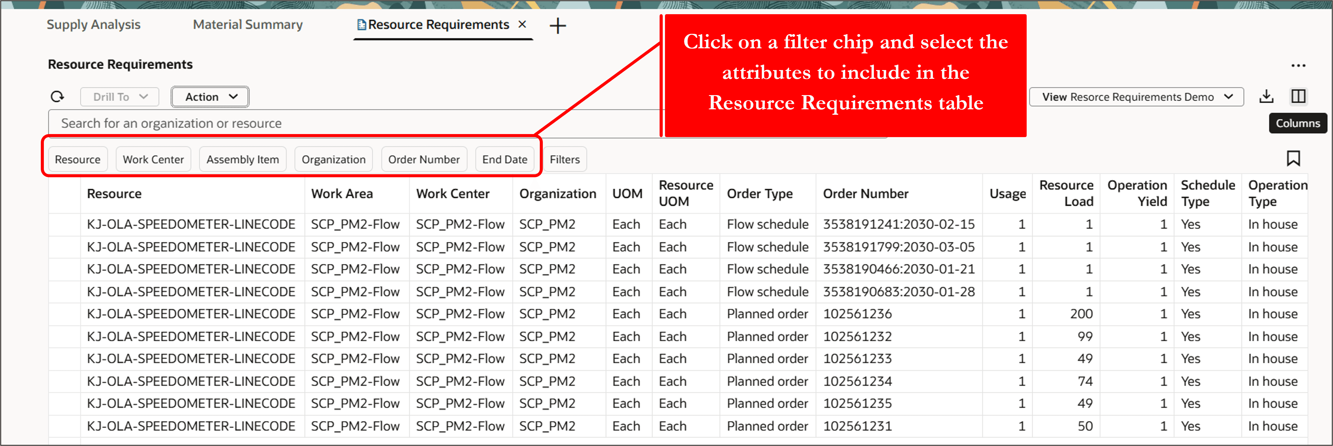 Filter Chips on the Resource Requirements Table