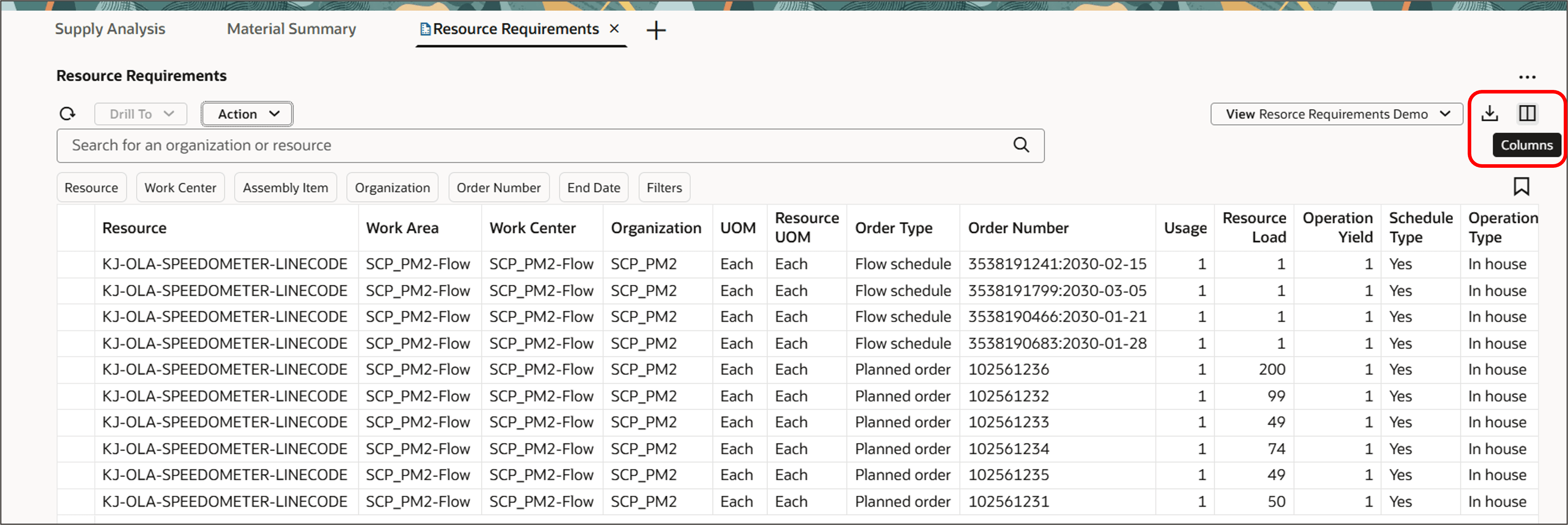 Resource Requirements Table with Columns Icon