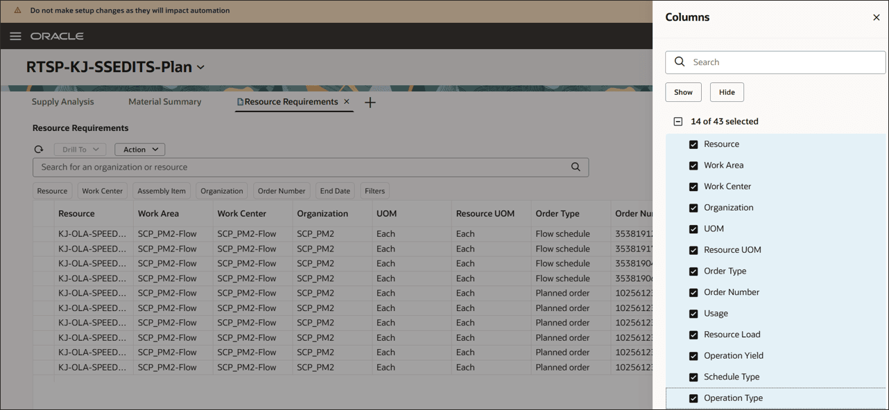 Selecting Columns from the Columns Drawer