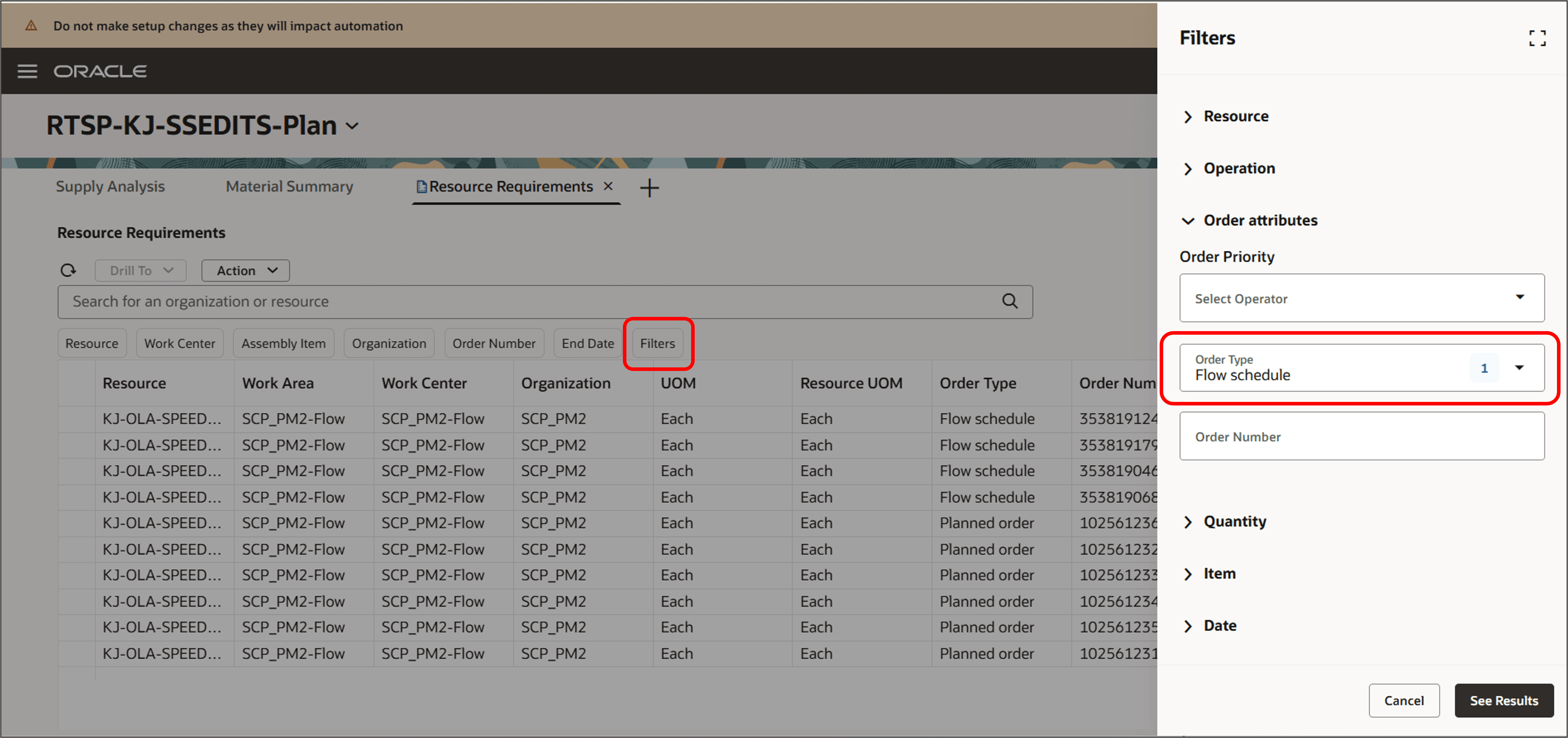 Filtering by Order Type of Flow Schedule
