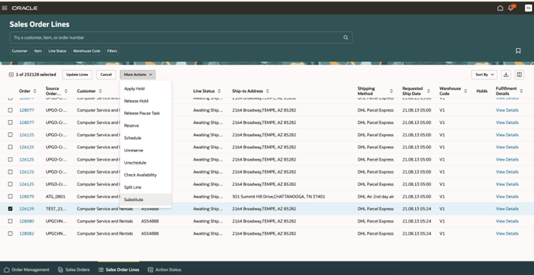 Sales Order Lines page