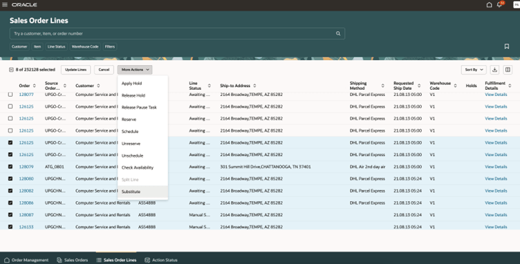 Sales Order Lines page to select substitute