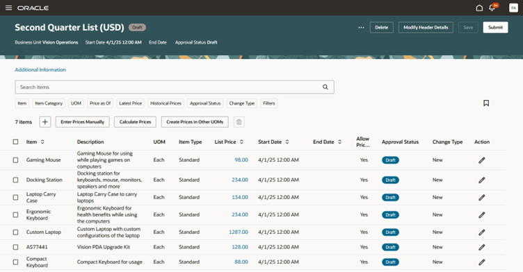 Use Pricing Administration work area create a new price list