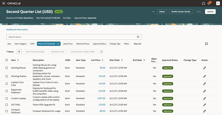 Price list approval sttaus is now approved