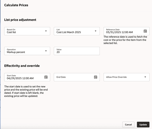 Calculate prices dialog