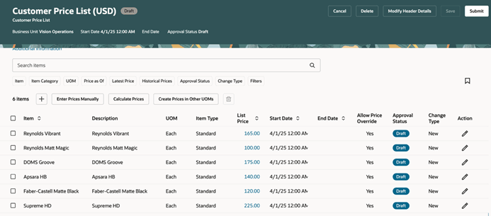 when you select more than one item in a price list then do an action