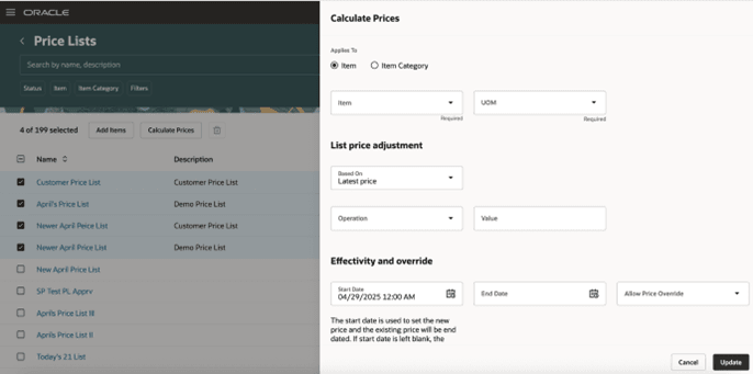 Do mass actions across more than one price list