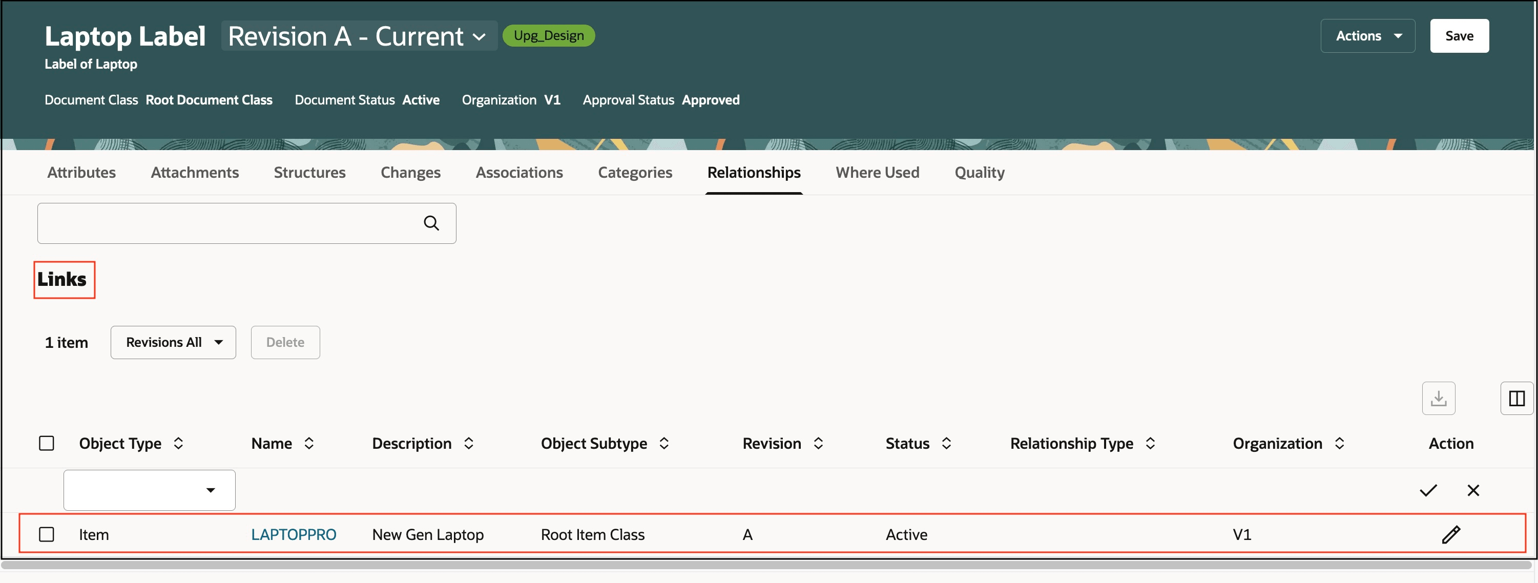 Links Added on the Relationships tab on a Document