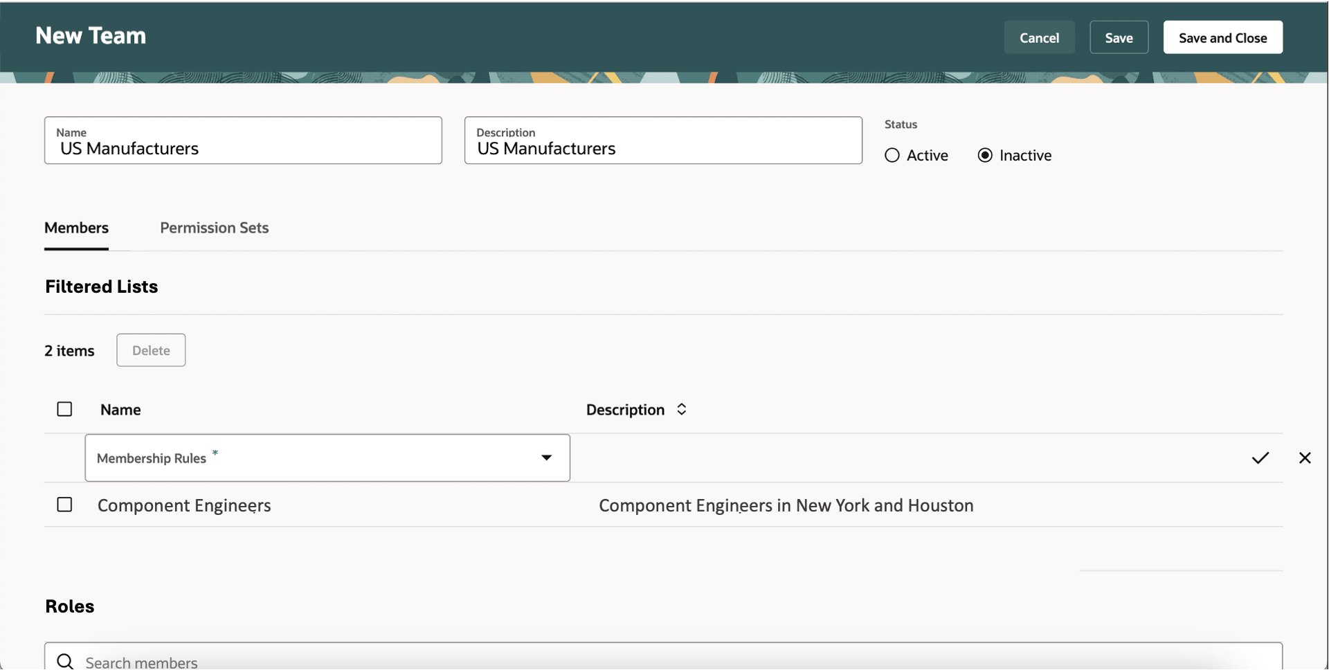 Members Tab on the Create Team Page