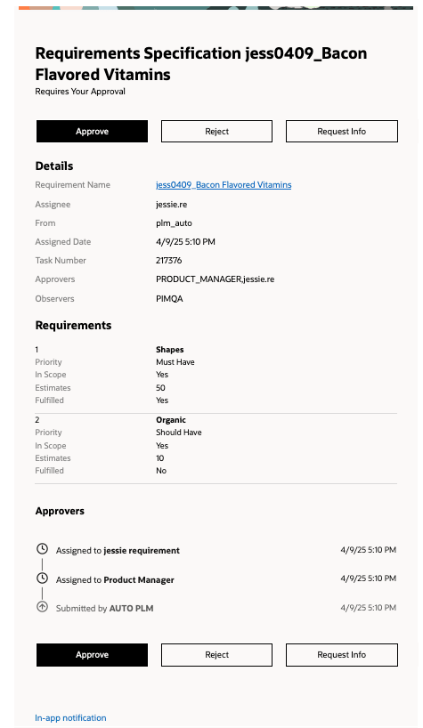 Caption: Email Notification for Requirements Approval