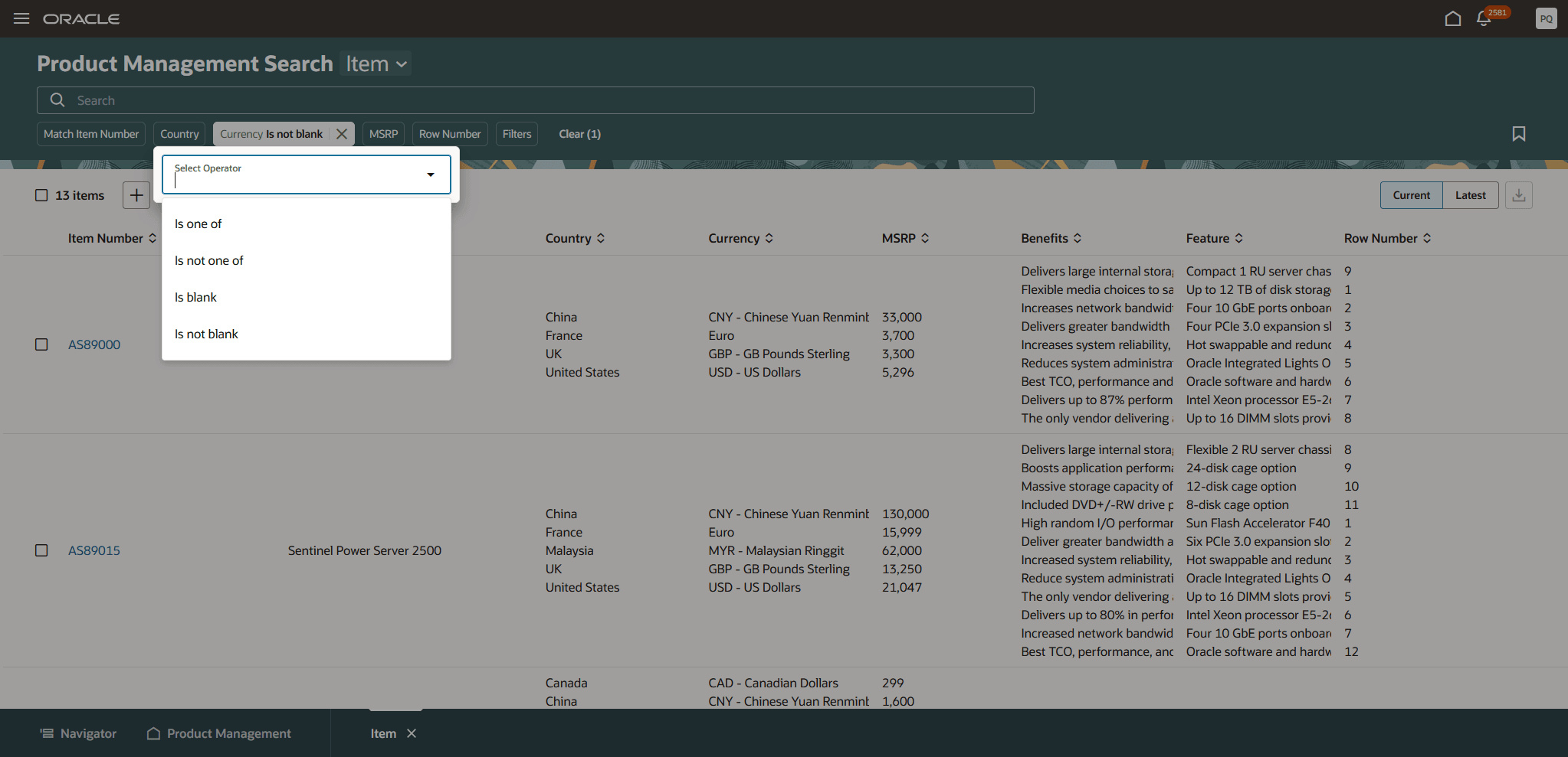 Select Filter Operator For Currency Filter
