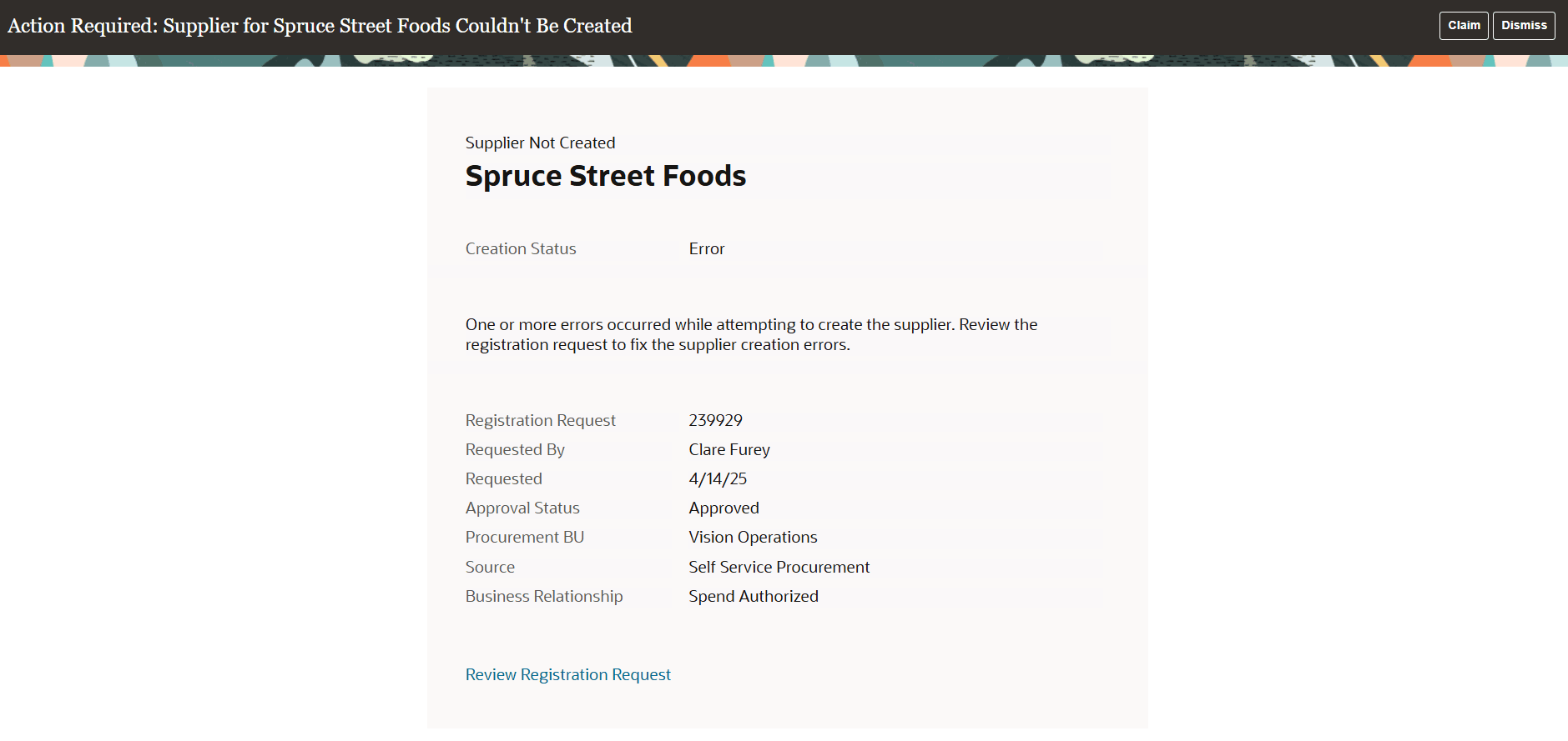 Supplier Creation Errors Notification