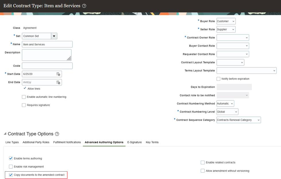 Copy documents to the amended contract setup