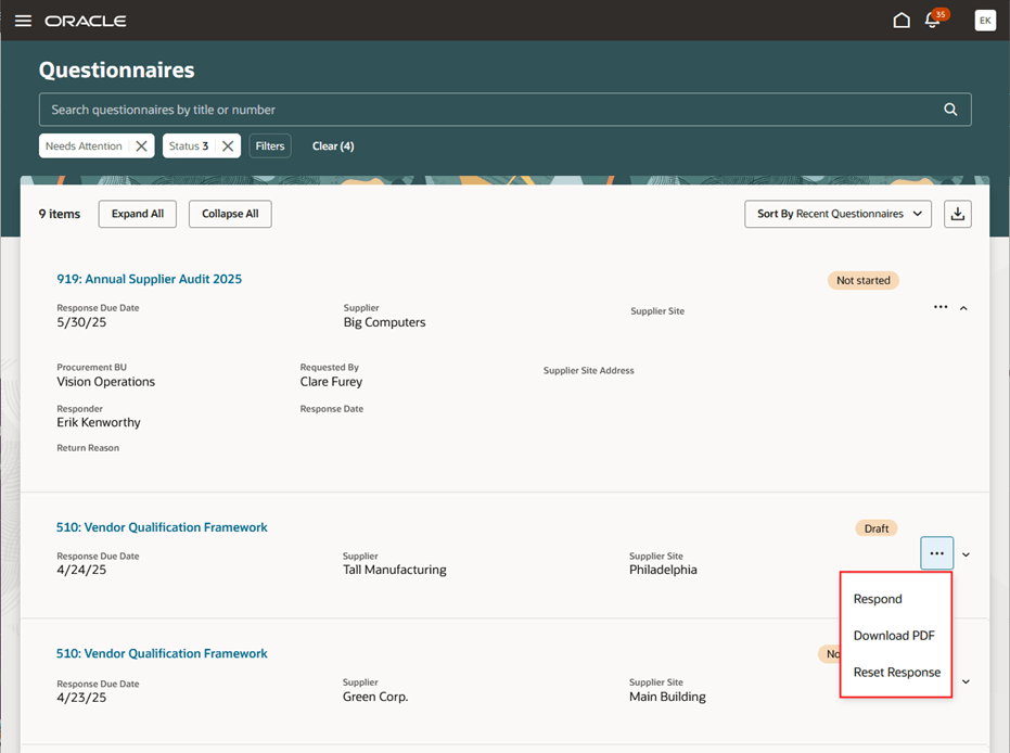 Questionnaires Requiring Attention 2