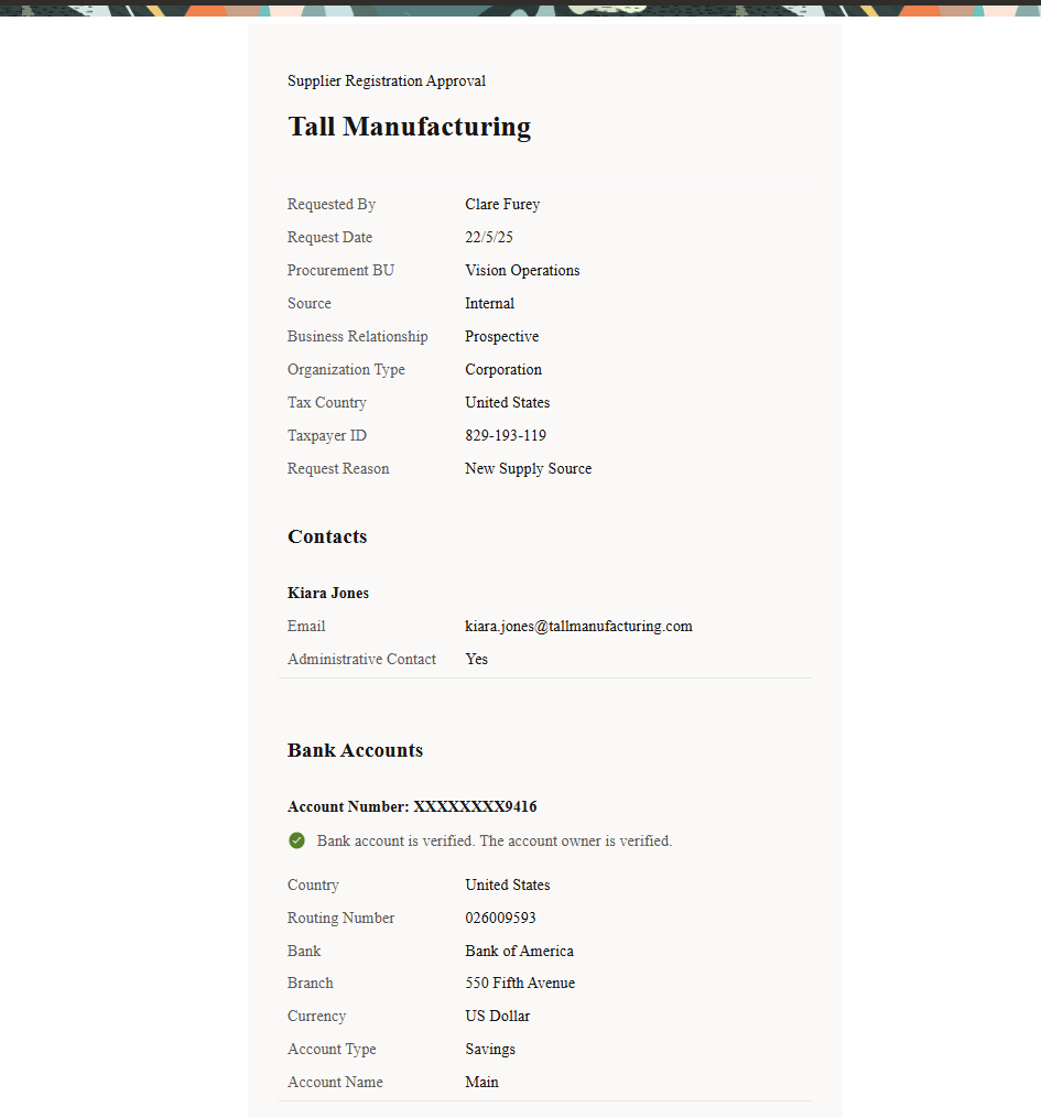 Bank Account Validation Status Displayed on Supplier Registration Approval Notification