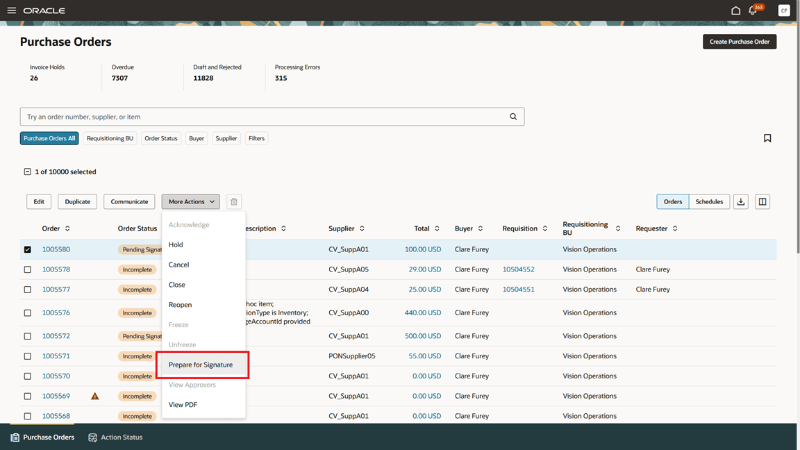 Prepare a purchase order for signature