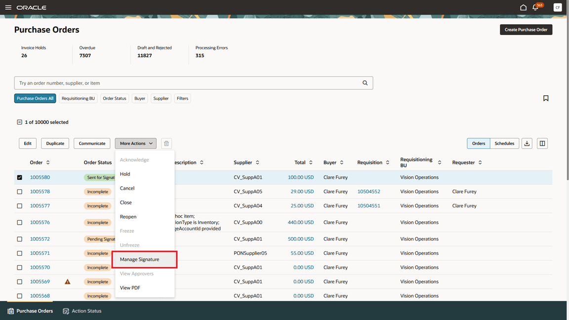 Manage a purchase order sent for signature