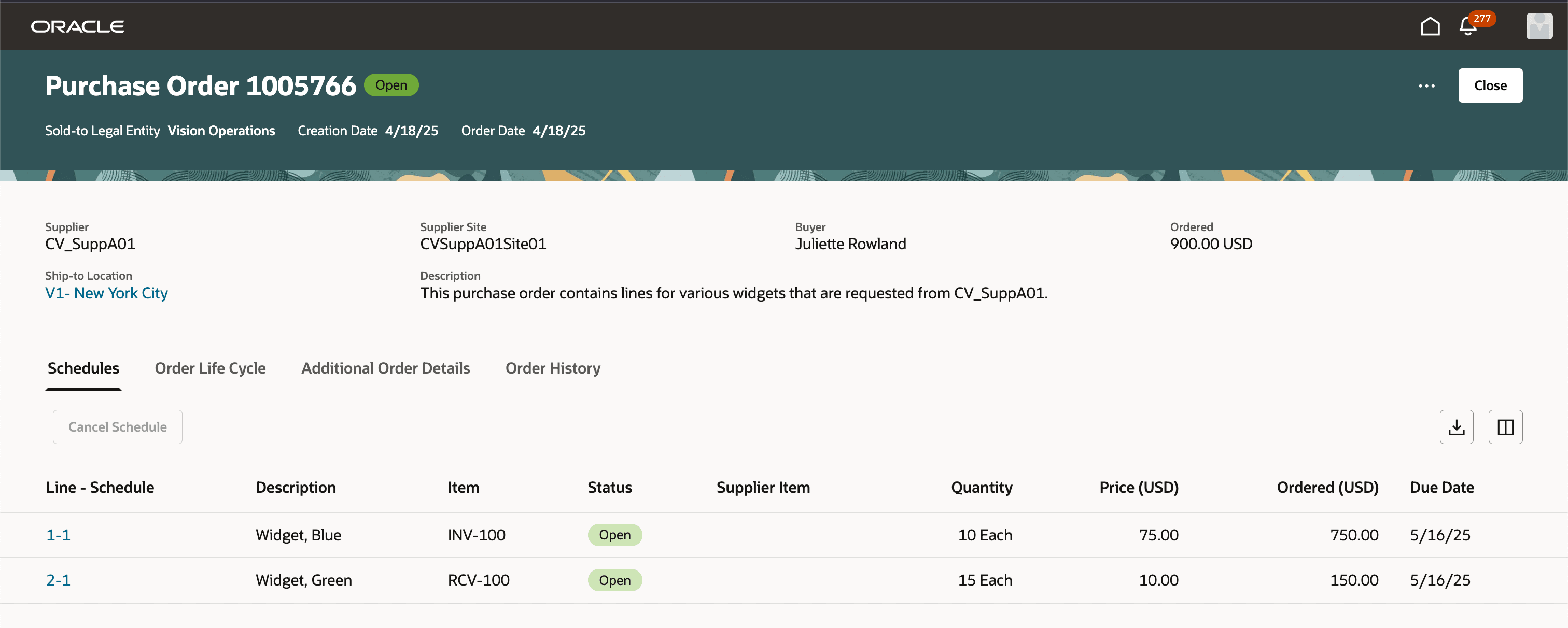 View Purchase Order - Key Info and Schedules