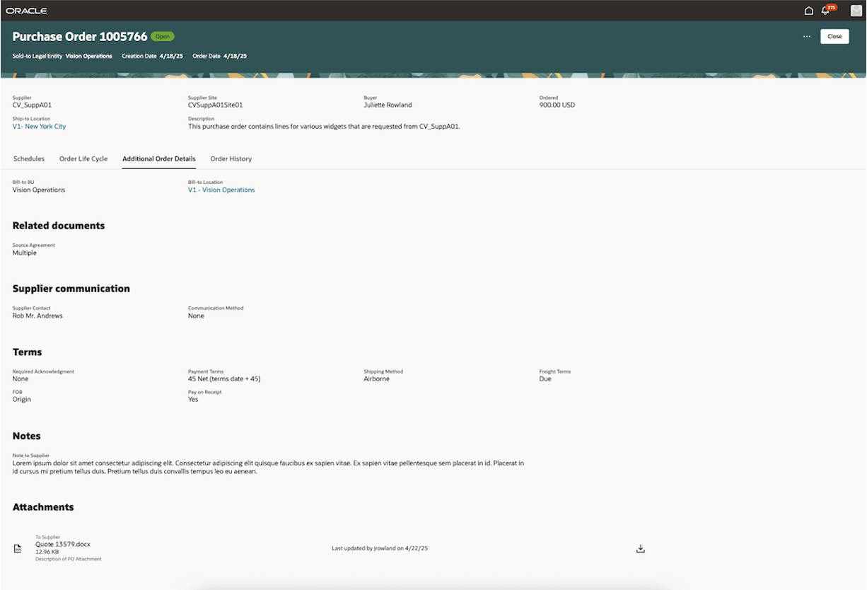 View Purchase Order - Additional Order Details