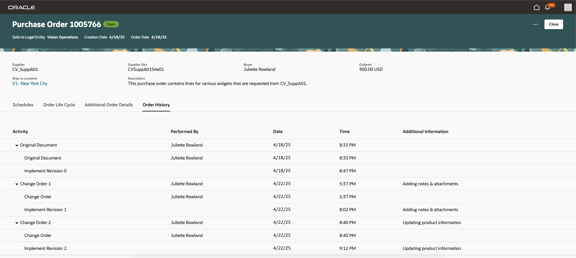 View Purchase Order - Order History