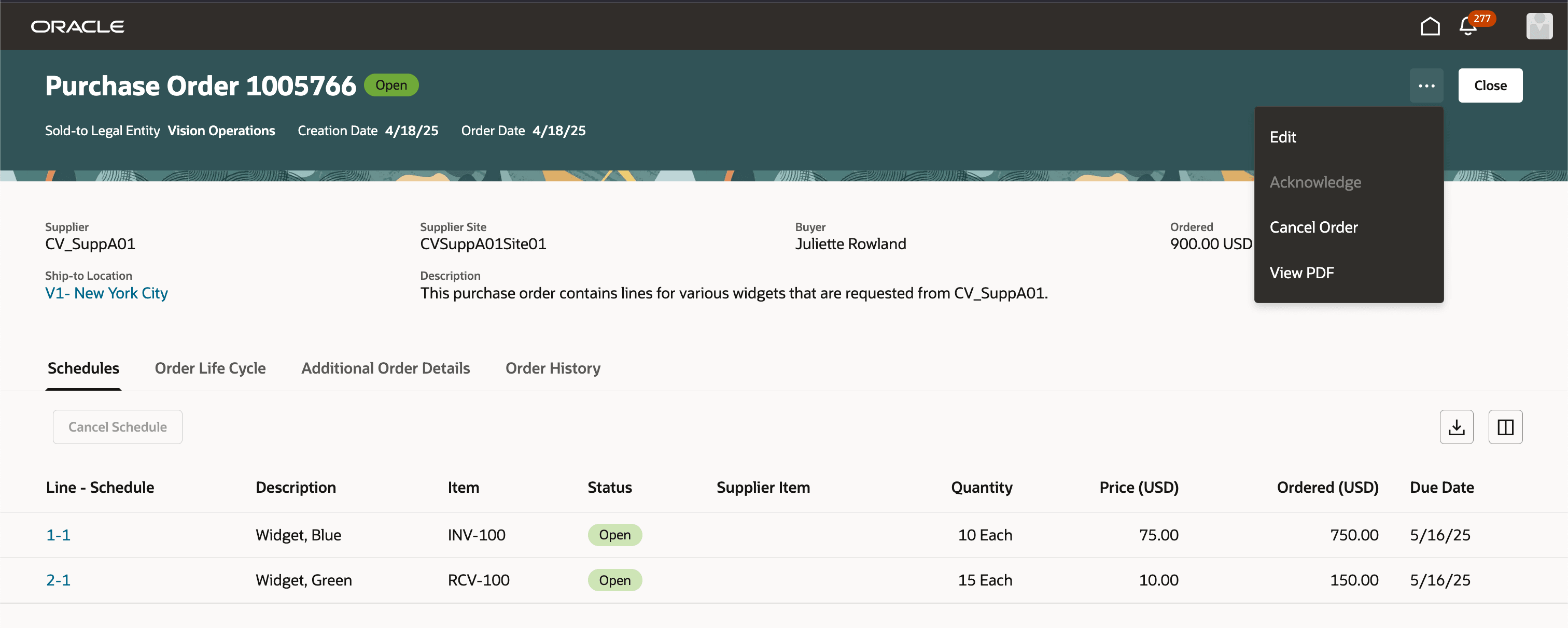 View Purchase Order - Available Document Actions
