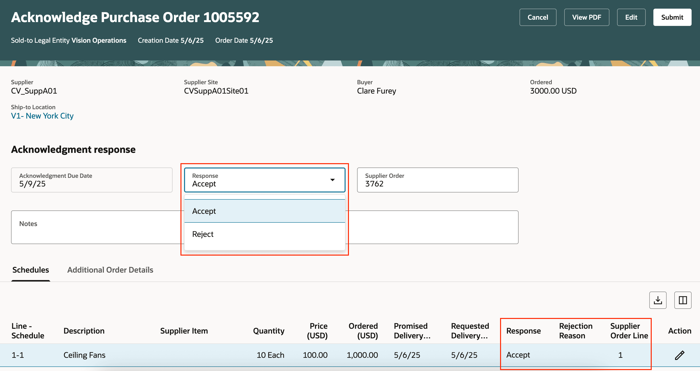 Respond on the Header and Schedule