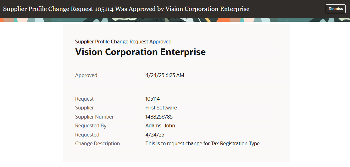 Supplier Profile Change Request FYI Notification for Supplier User