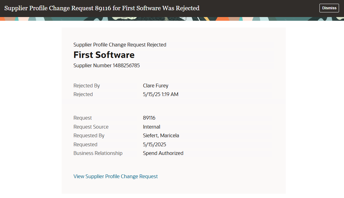 Supplier Profile Change Request FYI Notification for Internal User