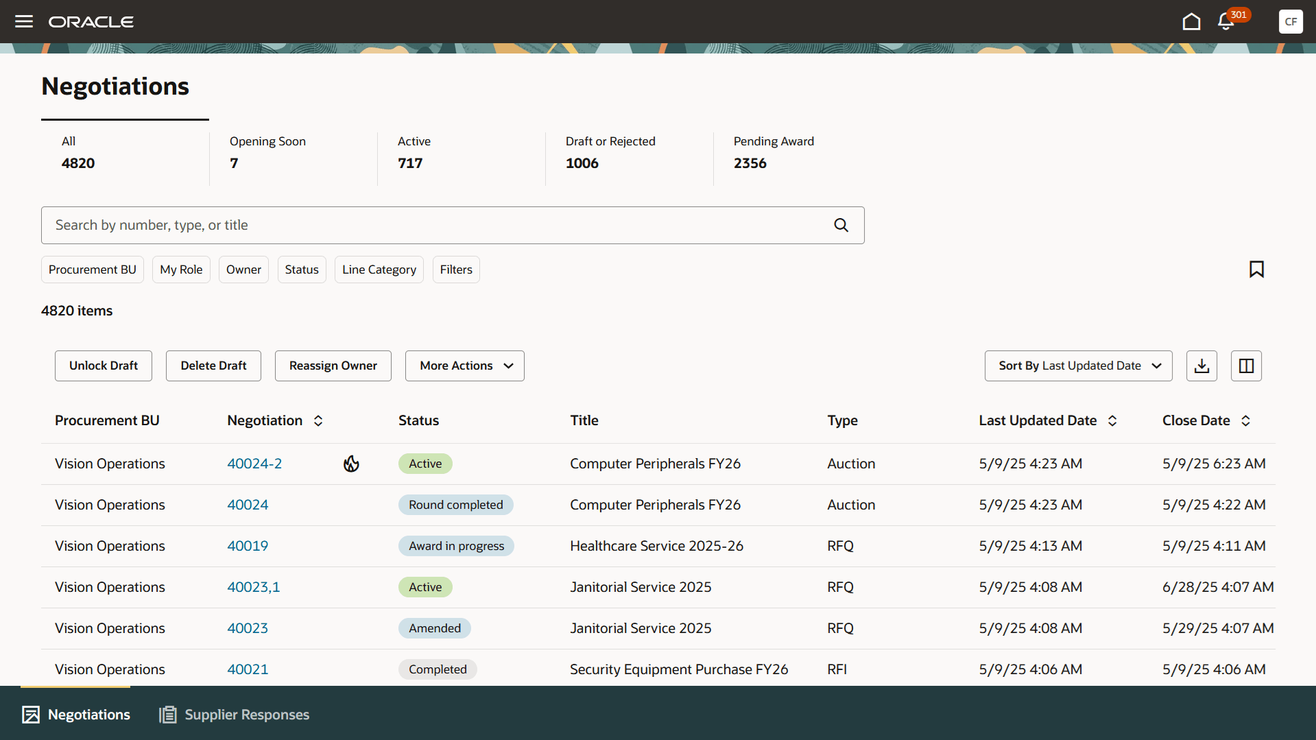 Negotiations Search Page