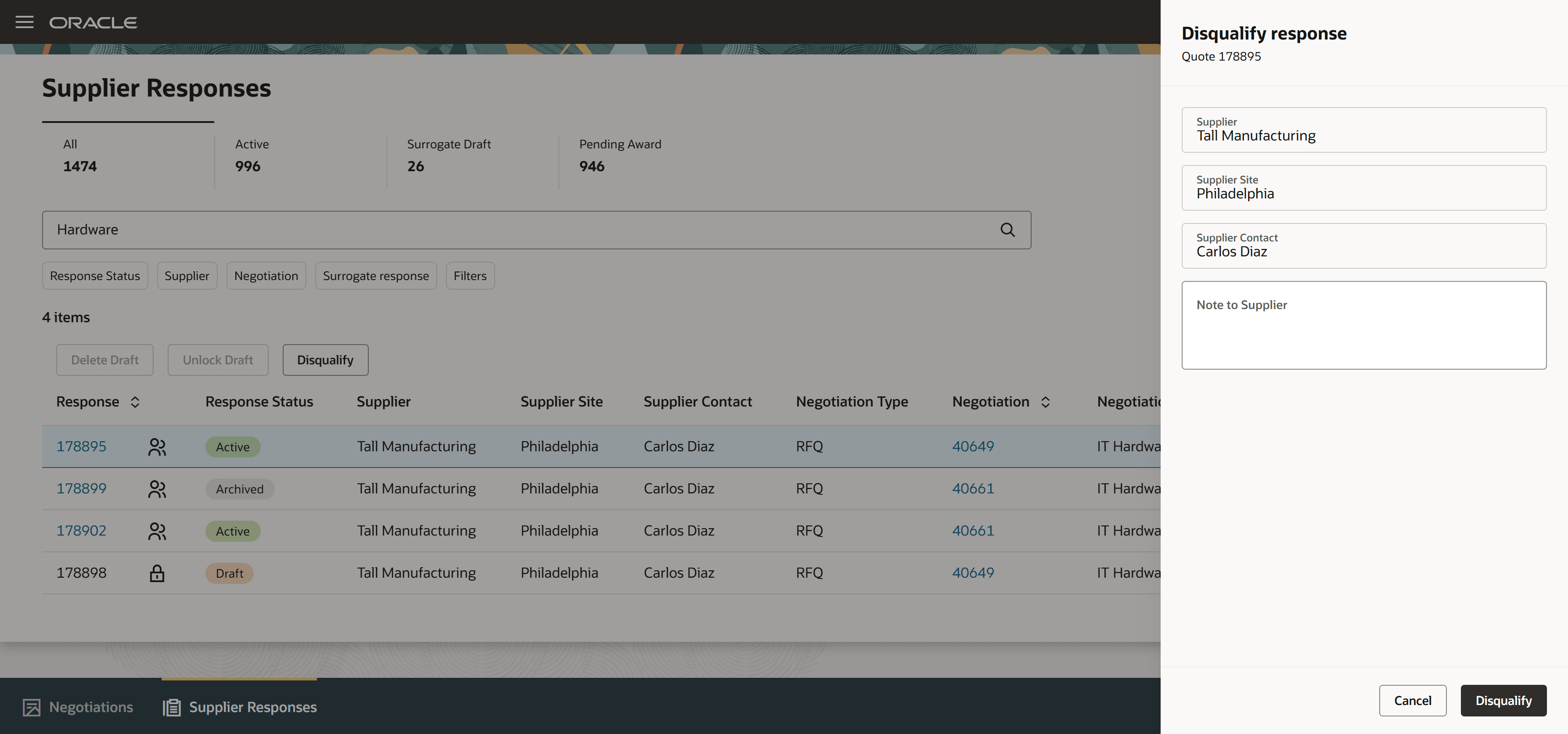 Disqualify Supplier Response