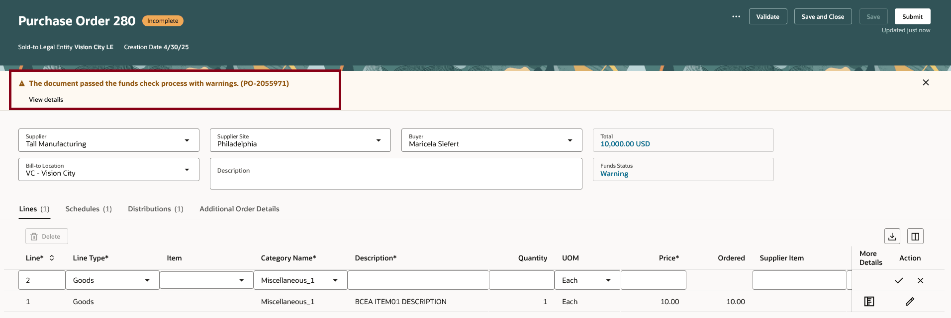 Funds Check Warning After Performing Check Funds Action