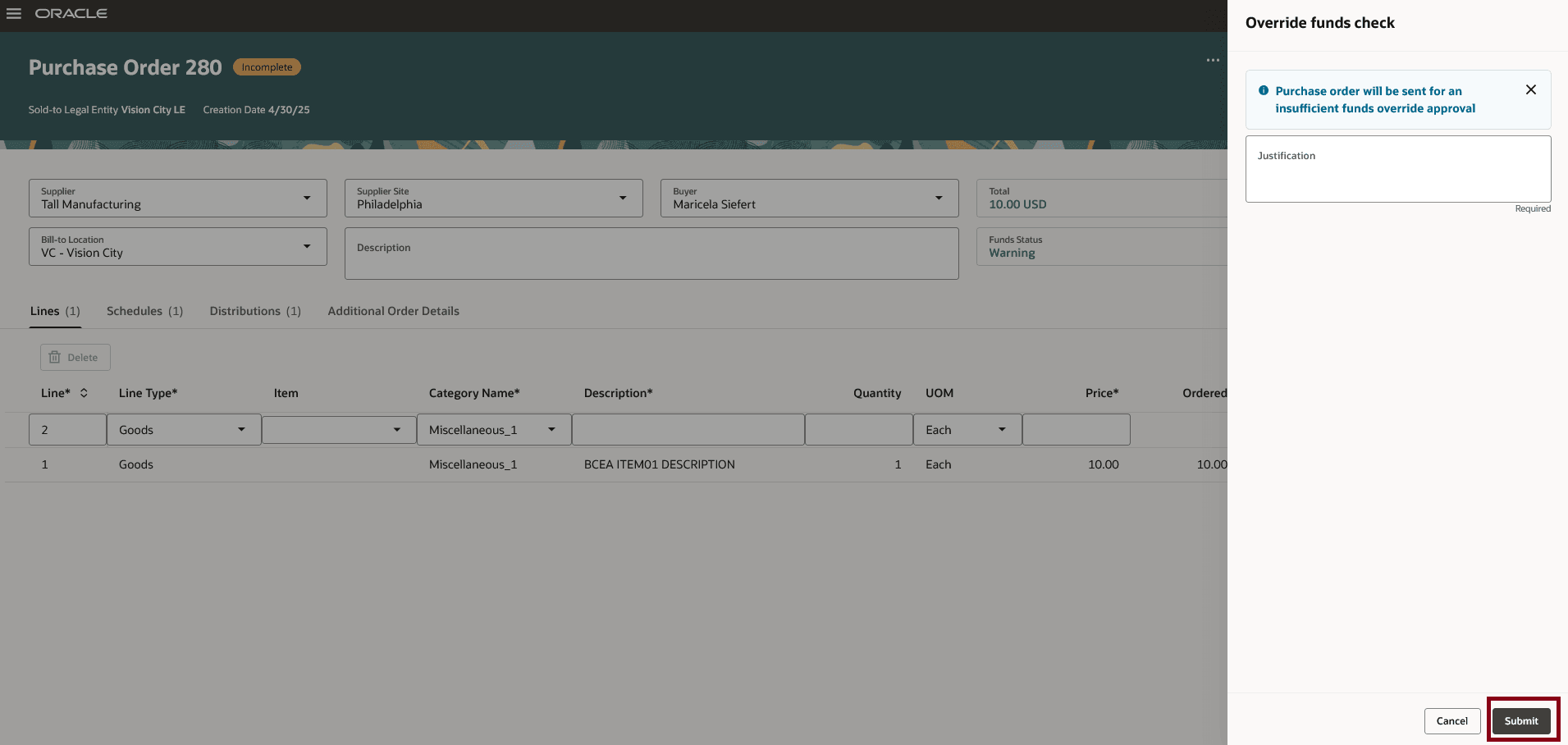 Purchase Order Submission with Funds Override Justification