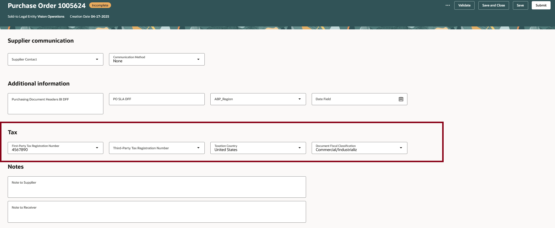 Specify Values for Tax-Determinant Attributes at the Header Level   