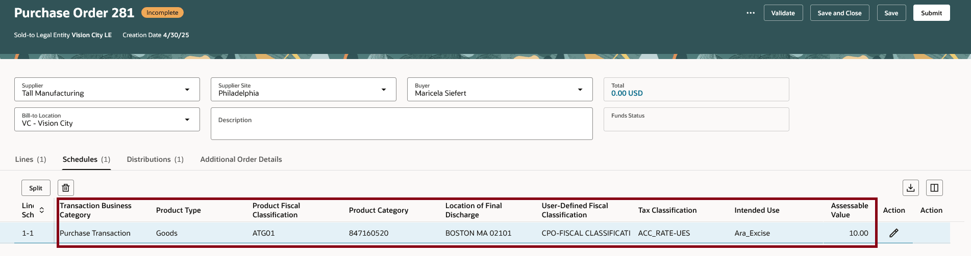 Specify Values for Tax-Determinant Attributes on the Schedule