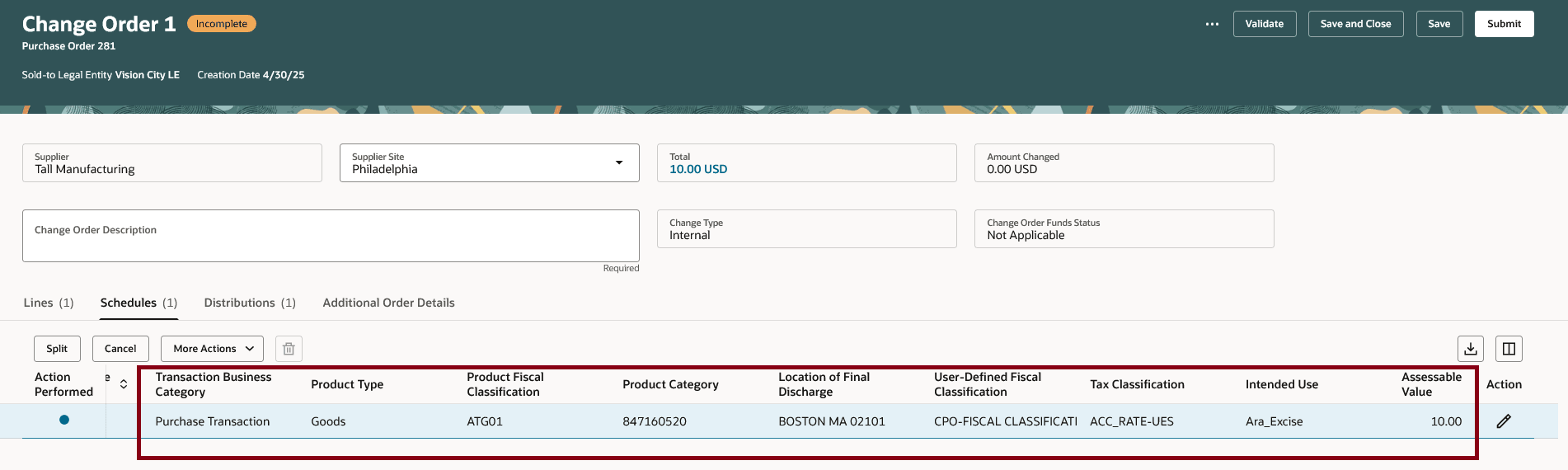 Tax-Determinant Attribute Values on Schedule of a Change Order