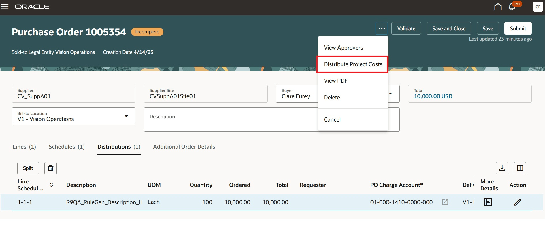Distribute Project Costs action on the Purchase Order