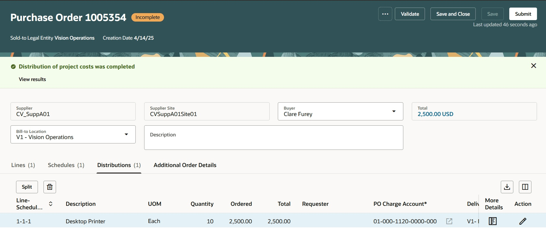 View distribute project costs results