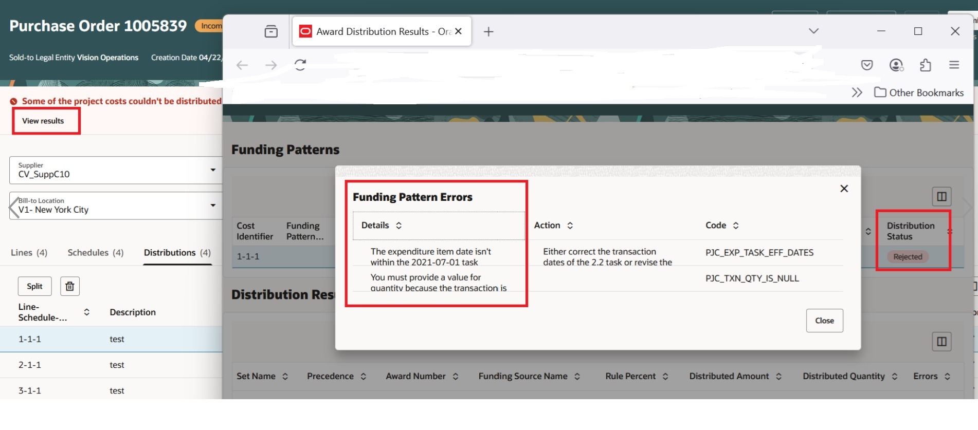View distribute project costs failure results