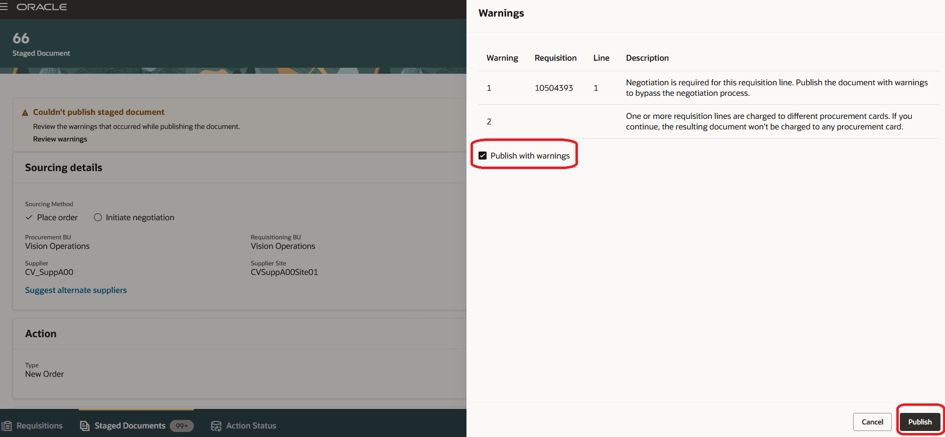 Publish Staged Document with Warnings