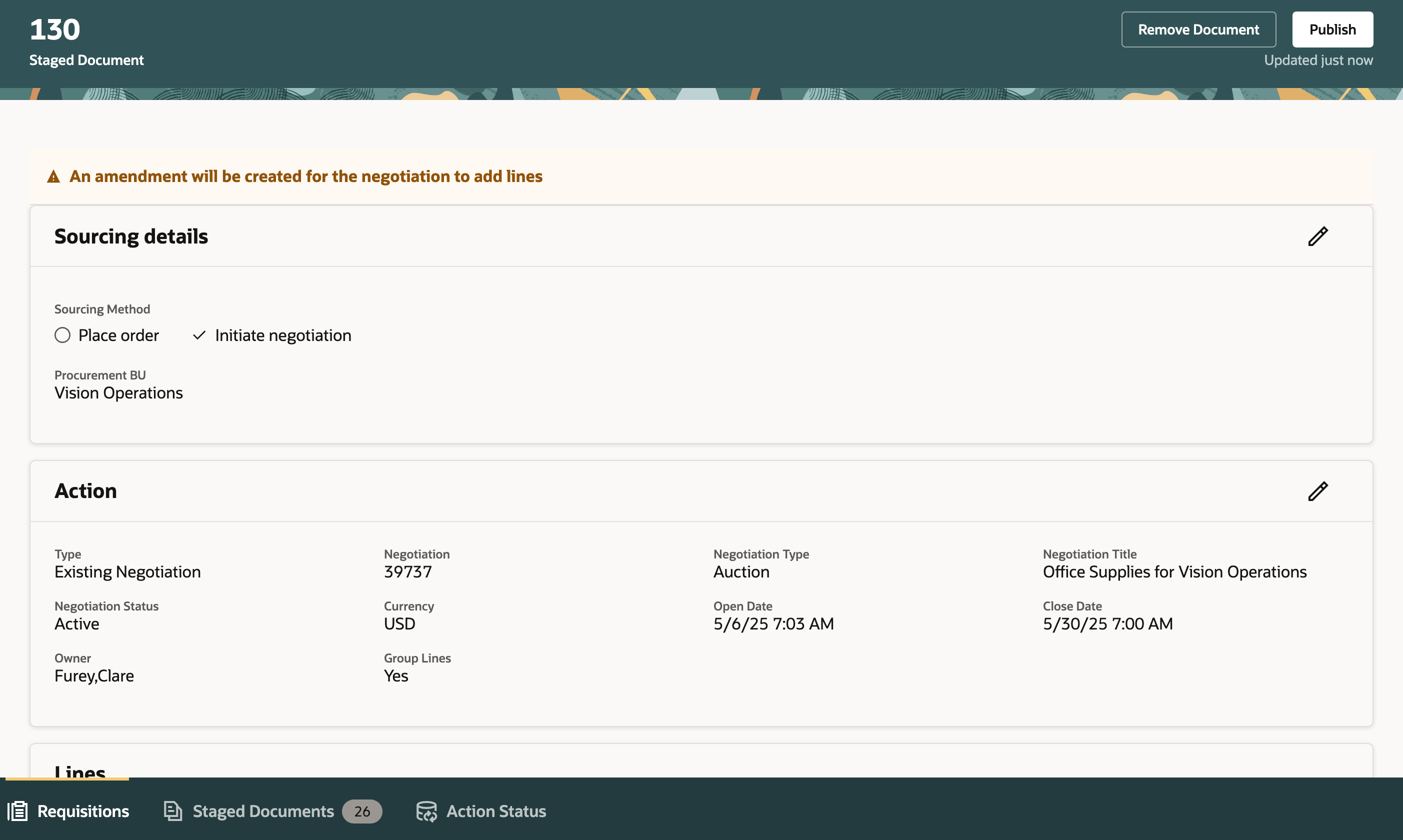 Staged Document to Add Lines to an Existing Negotiation