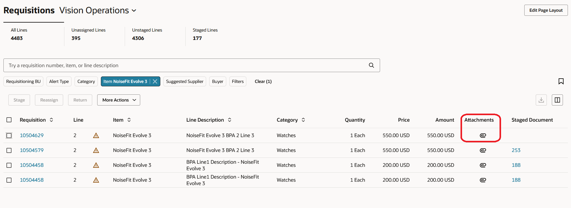 Attachments Icon in Requisition Page