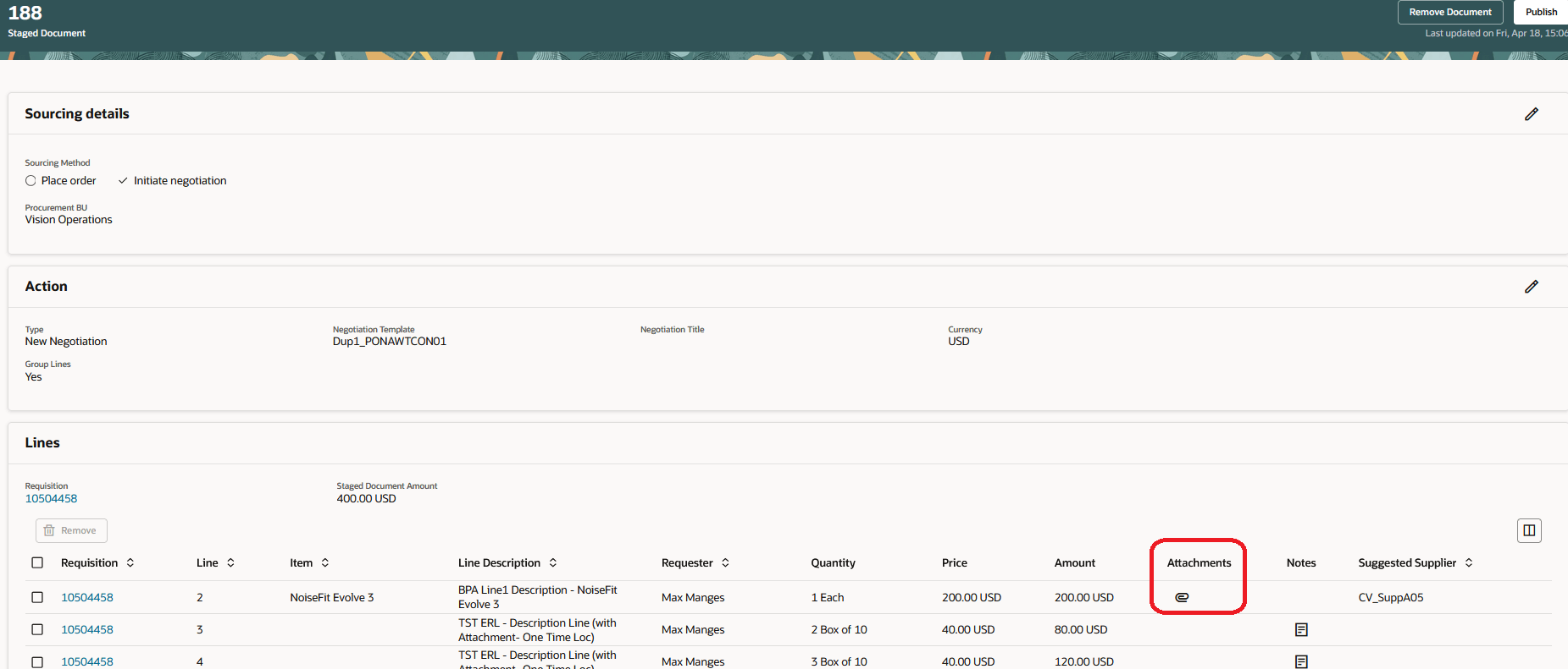 Attachments Icon in Staged Document Page